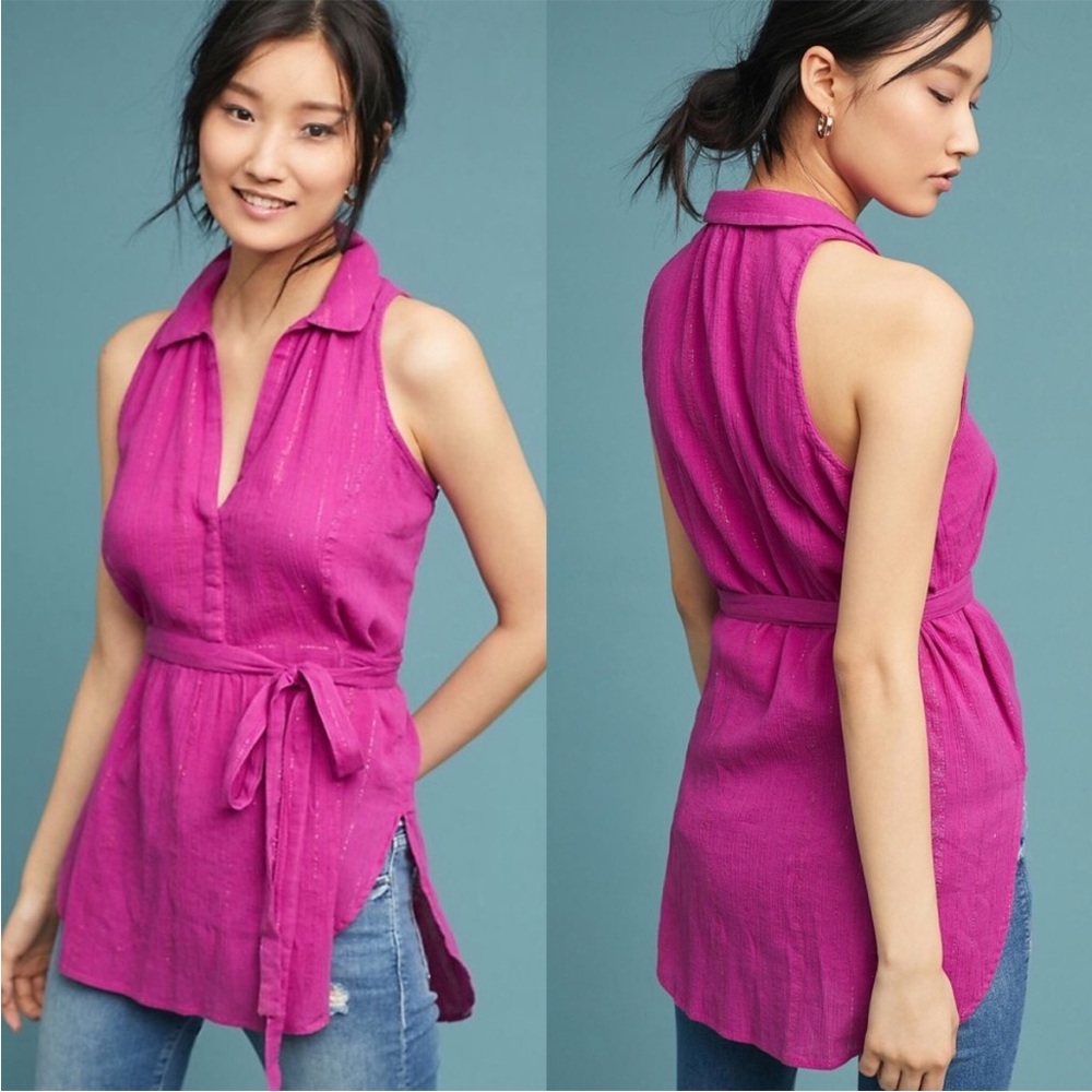 Anthropologie metallic purple and gold sleeveless tunic collared neck size L NWT